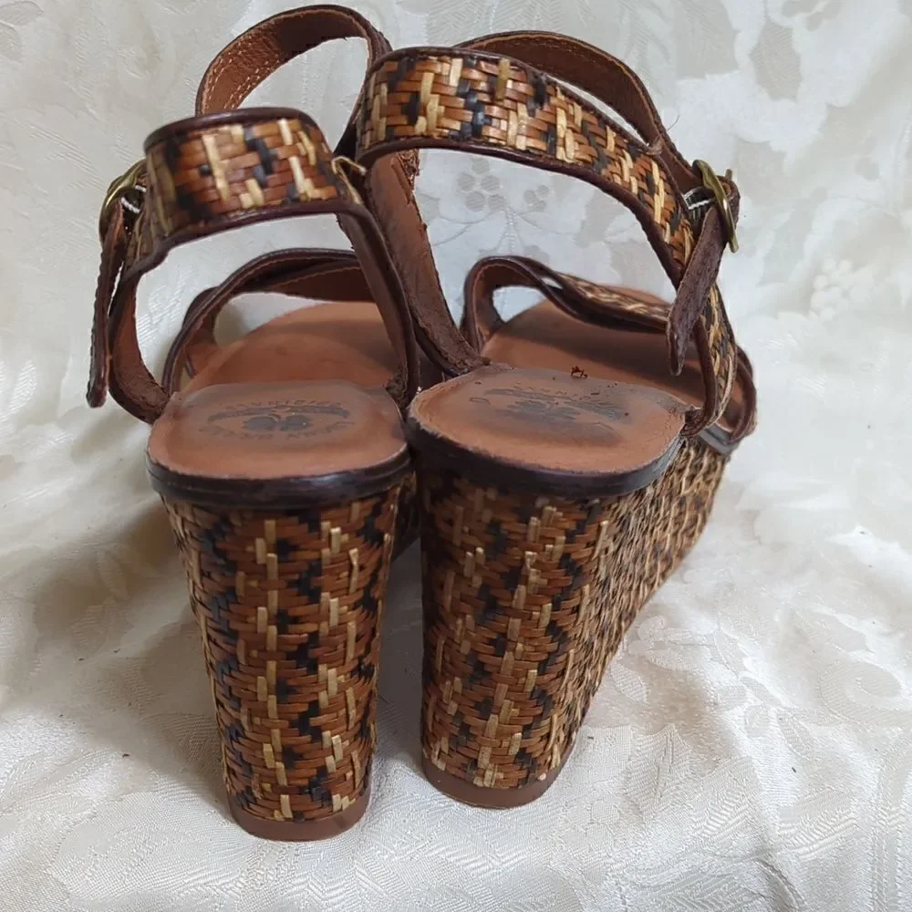 Lucky Brand Brown and Tan Raffia Wicker Wedges Sandals